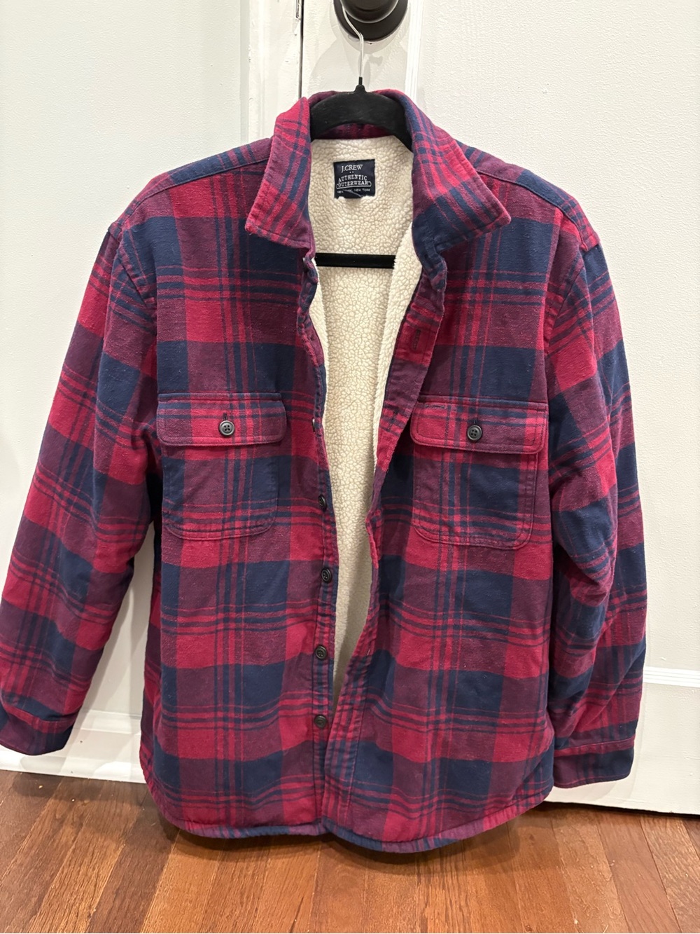 J.Crew Men’s Sherpa Lined Flannel Shirt Jacket Plaid Red Navy Medium Shacket
